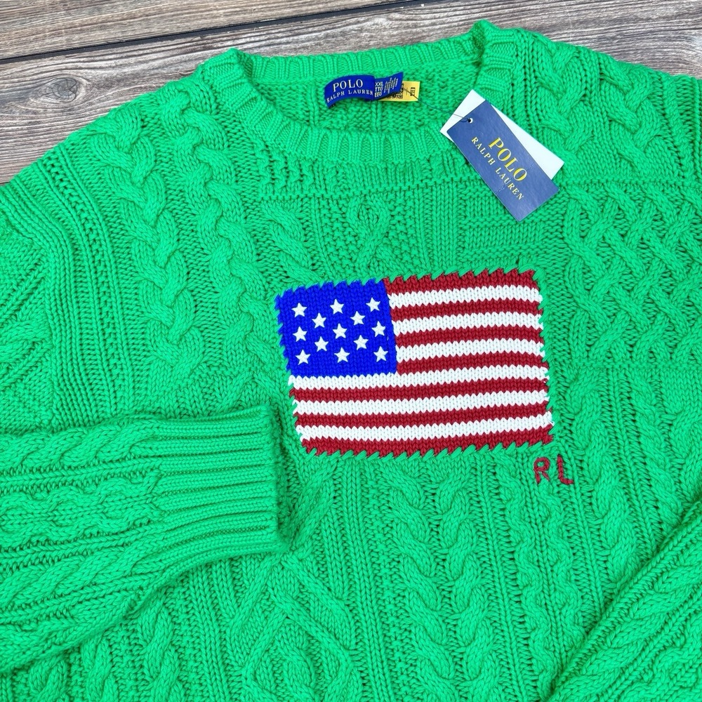 Polo Ralph Lauren Womens Aran Knit Cotton American Flag Sweater Green SZ XXL NEW - Picture 3 of 11